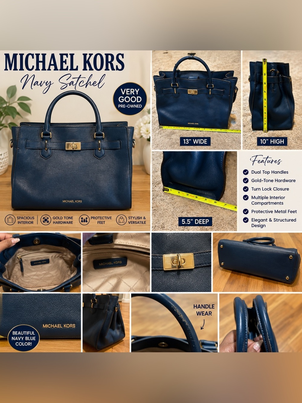 Michael Kors Navy Blue Large Satchel Tote Bag Gold Hardware